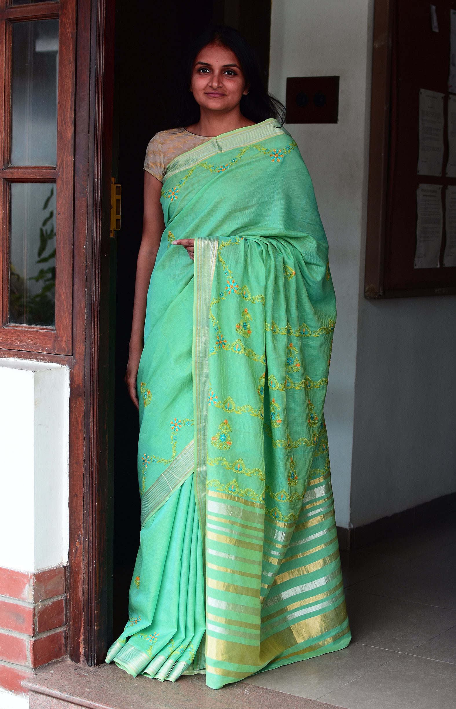 Bluish Green, Handwoven Organic Cotton, Textured Weave , Hand Embroidery, Occasion Wear, Jari, Chikankari Saree